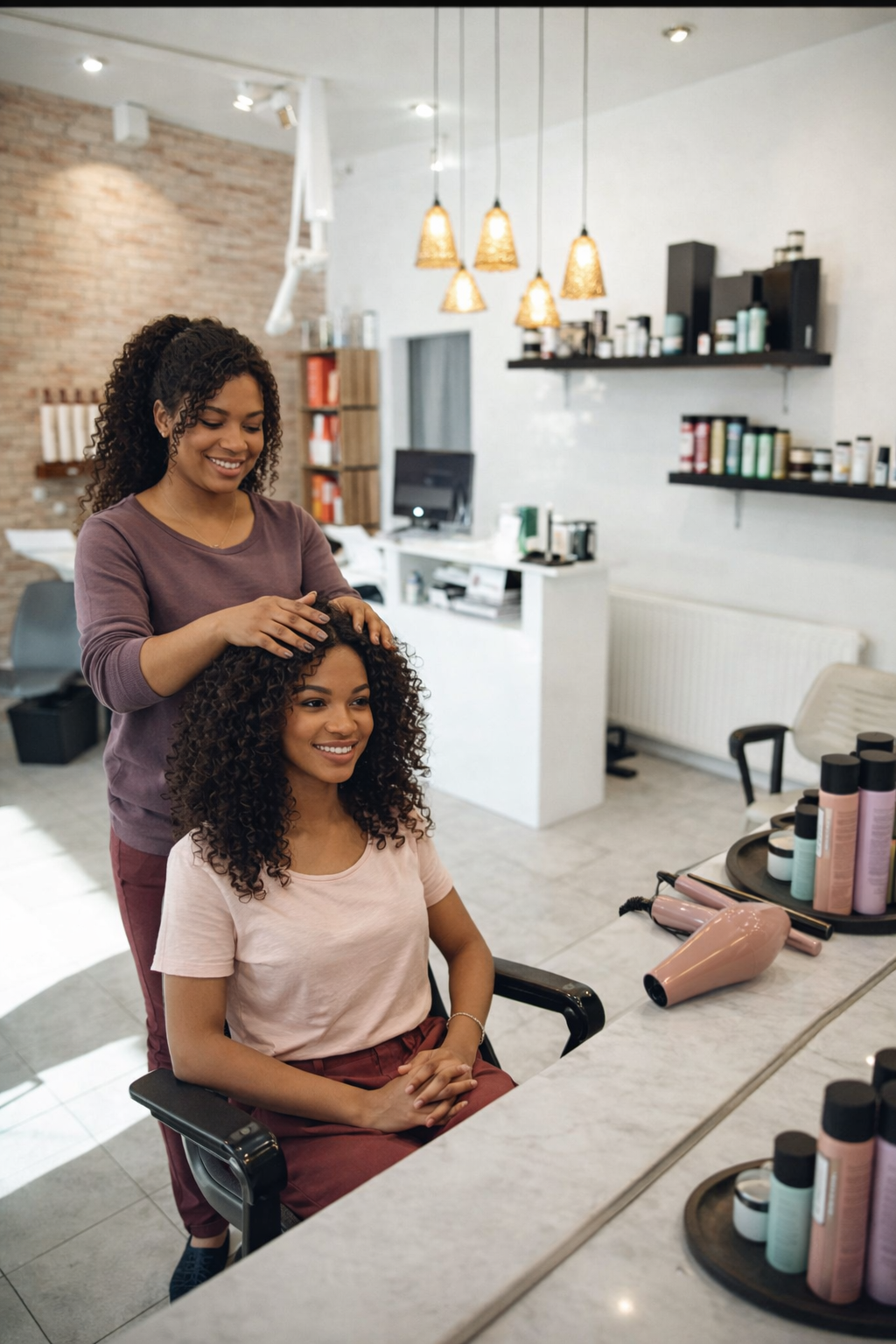 Profissional cuidando de cabelo cacheado em salão claro
