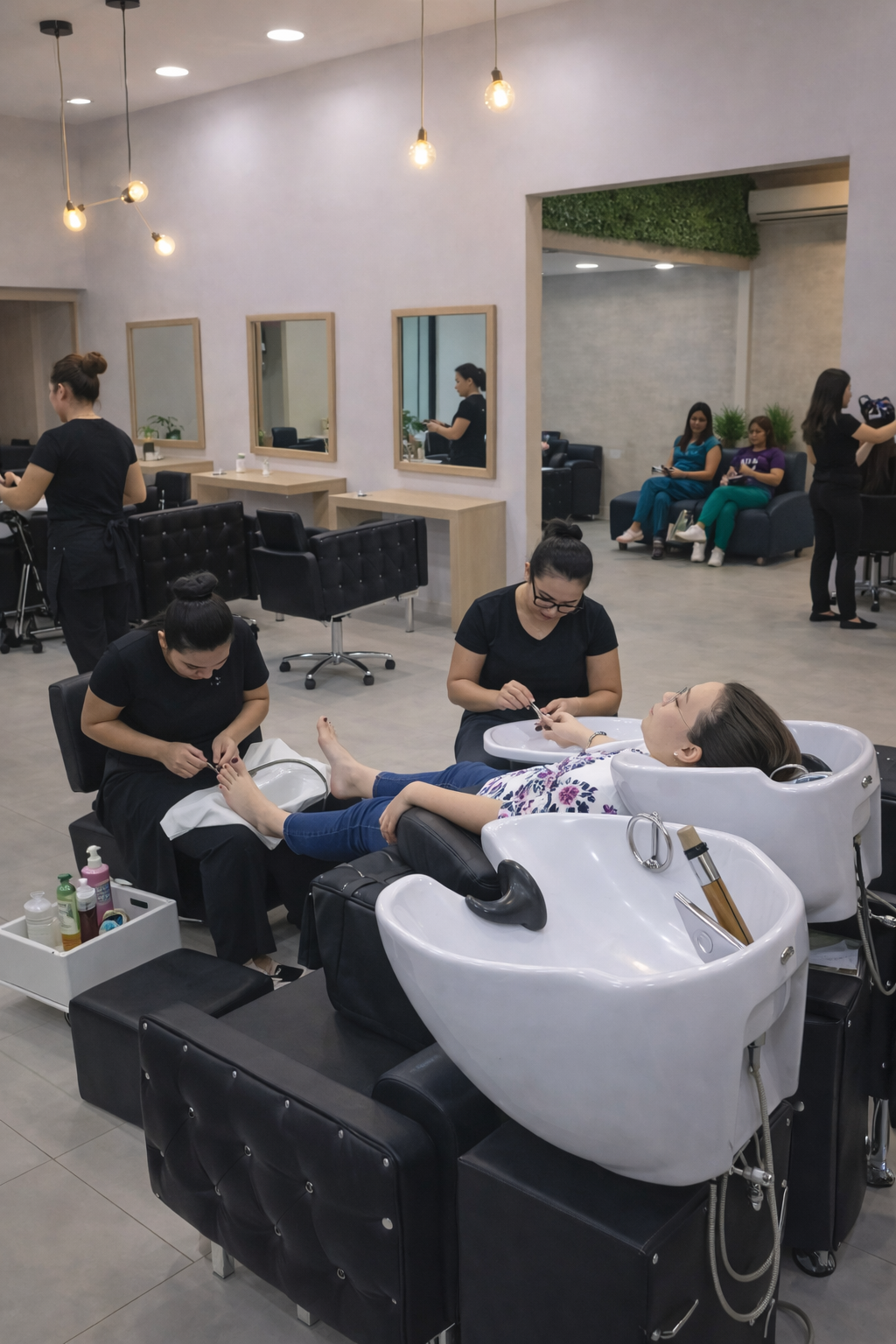 Espaço de beleza com múltiplos atendimentos acontecendo ao mesmo tempo
