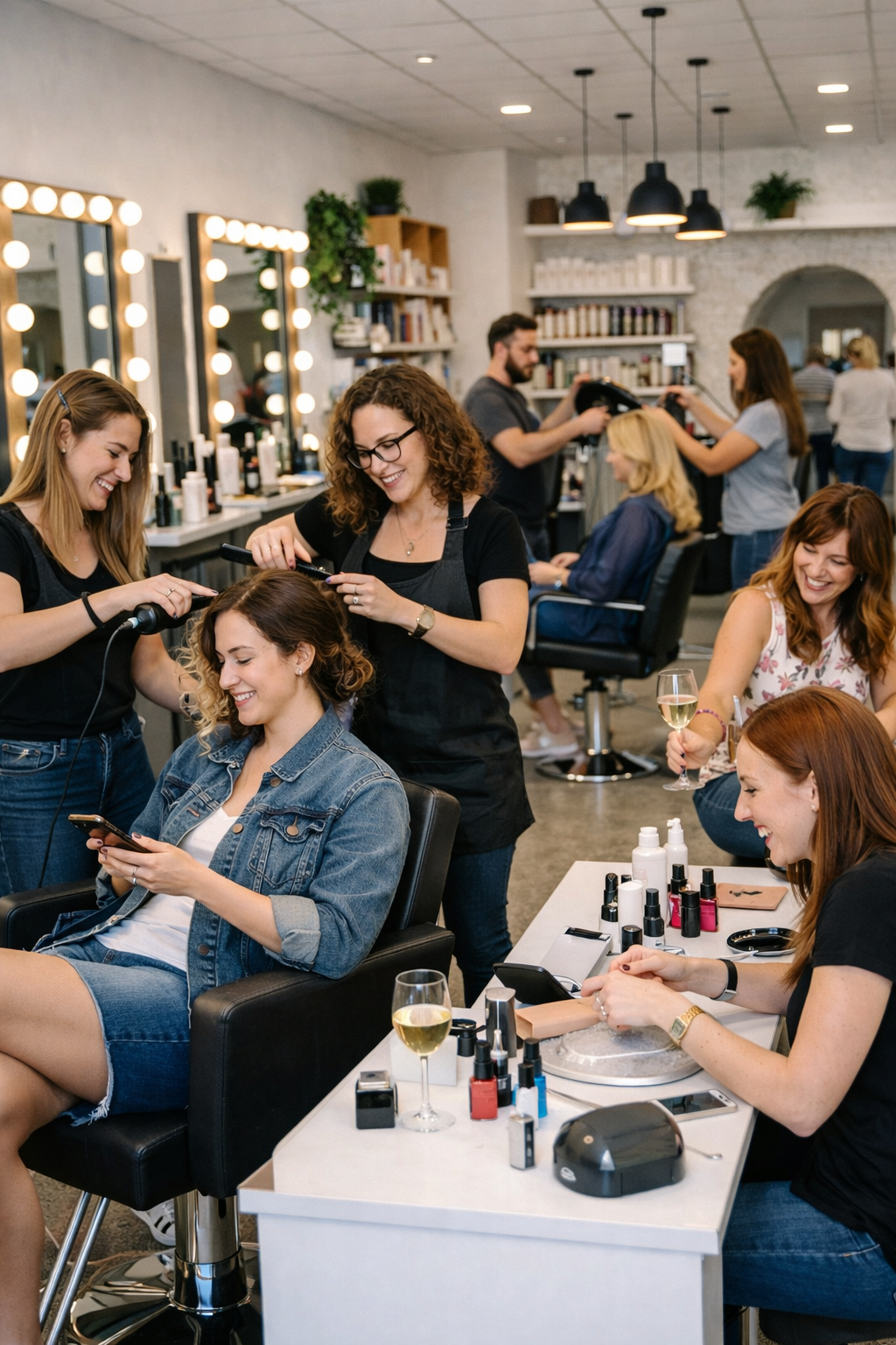Equipe atendendo várias clientes em um salão de beleza